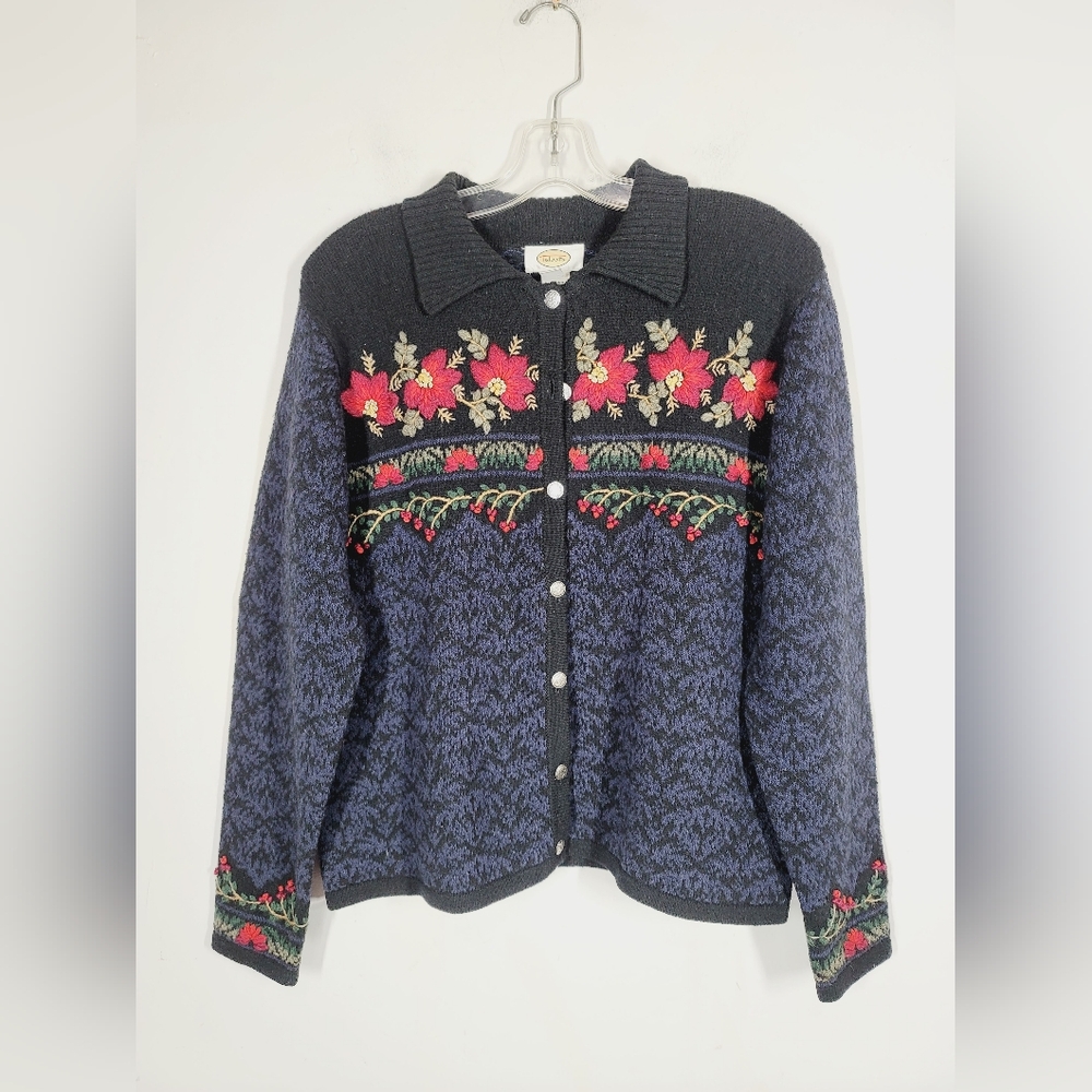 TALBOTS Lambswool Silk Blend Floral Knit Cardigan Sweater, Size Large